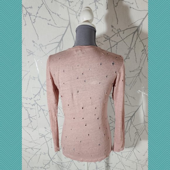 Black Orchid Pink 100% Linen Distressed Holes Long Sleeve Tee - Picture 4 of 5